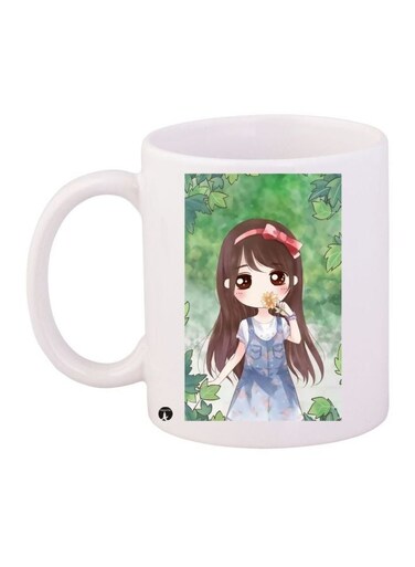 Cartoon Girl Printed Coffee Mug White/Green/Brown 11ounce