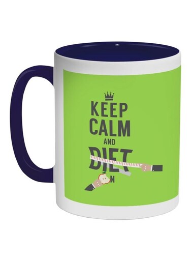 Keep Calm And Diet Printed Coffee Mug Dark Blue/White/Green 325ml