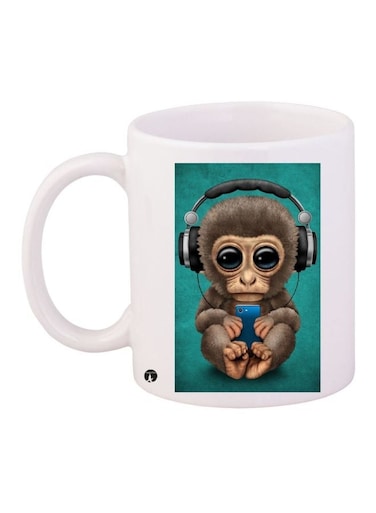 Monkey Printed Coffee Mug White/Brown/Green 11ounce