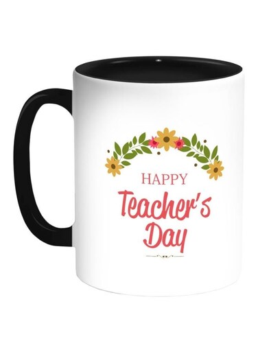 Happy Teachers Day Printed Coffee Mug Black/Pink/Green 325ml