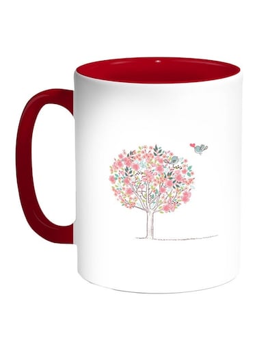 Birds On A Tree Printed Coffee Mug Red/White/Pink 11ounce