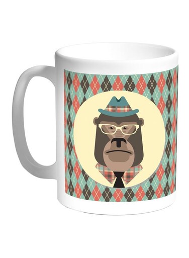 Cartoon Monkey Printed Coffee Mug White/Green/Grey 11ounce