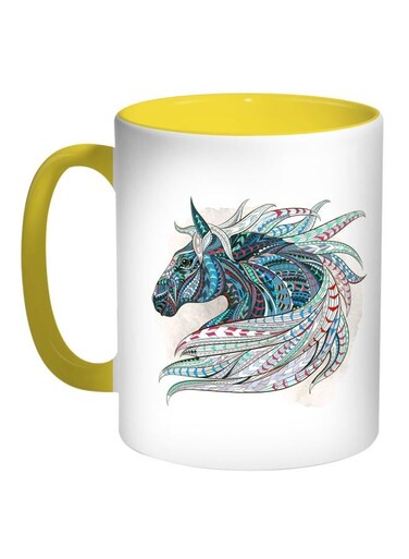 Horse Drawing Printed Coffee Mug Blue/White/Yellow 11ounce