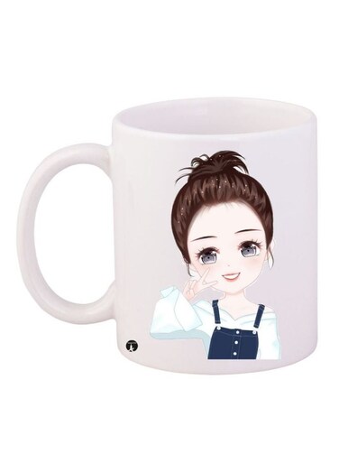 Cartoon Girl Printed Coffee Mug White/Beige/Brown 11ounce