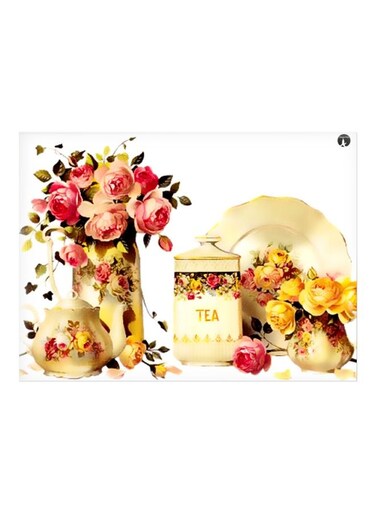 Tea Set Themed Metallic Plate White/Yellow/Pink 20x15cm