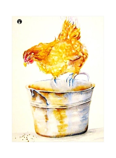 Hen Themed Metallic Plate Yellow/White/Blue 20x15cm