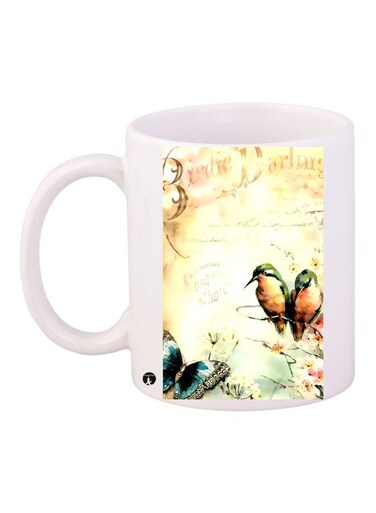 Birds Printed Coffee Mug White/Beige/Blue 11ounce