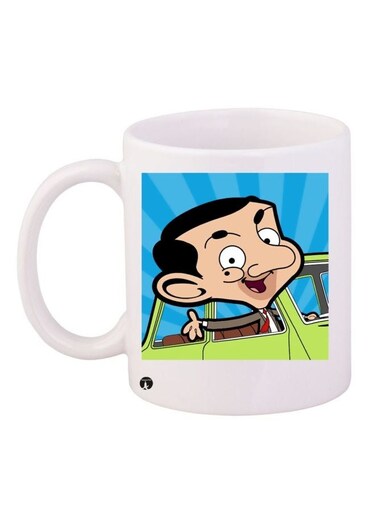 Mr Bean Cartoon Printed Ceramic Coffee Mug White/Blue/Green 11ounce