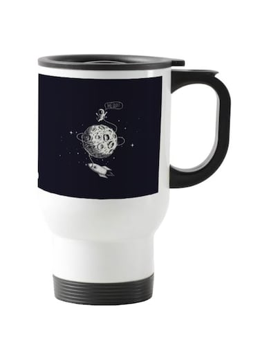 Astronaut Printed Travel Mug White/Black 13centimeter