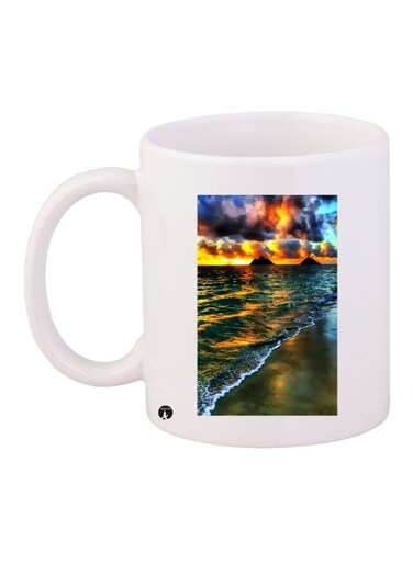 Sea Printed Ceramic Coffee Mug White/Green/Yellow 11ounce