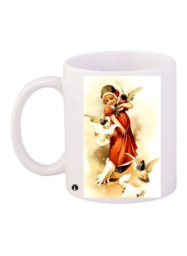 Girl With Bird Printed Coffee Mug White/Beige/Red 11ounce
