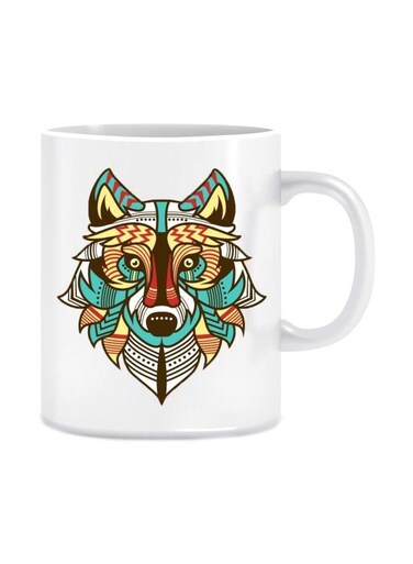 Wolf Printed Mug White/Blue/Yellow