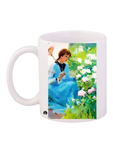 Woman Printed Coffee Mug White/Green/Blue 11ounce