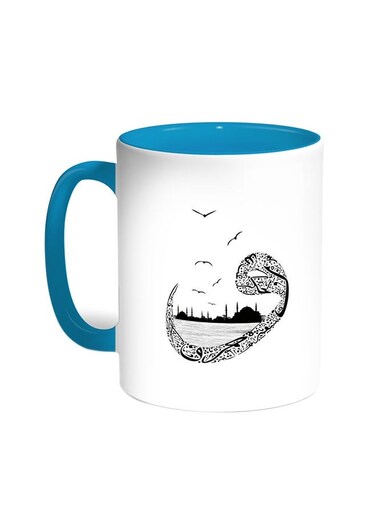 Arabic Letters Printed Coffee Mug Turquoise/White 11ounce
