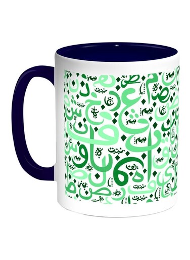 Arabic Letters Printed Coffee Mug Blue/White/Green 11ounce