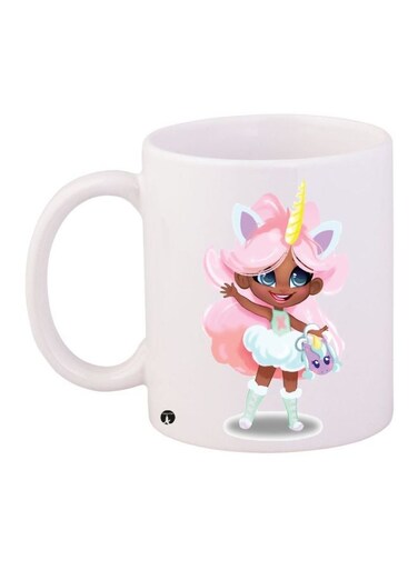 Cute Girl Printed Coffee Mug White/Pink/Yellow 11ounce