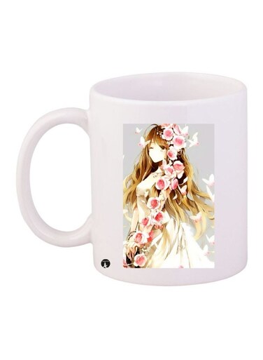 Floral Girl Printed Coffee Mug White/Yellow/Pink 11ounce