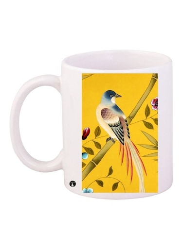 Bird Printed Coffee Mug White/Yellow/Green 11ounce