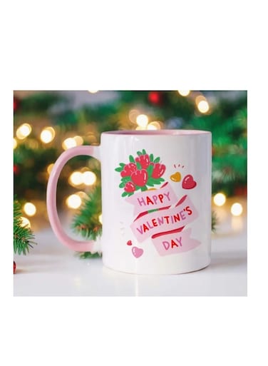 RYN&reg; "Happy Valentine's Day" Ceramic Mug with Festive Floral &amp; Heart Design - Insulated Coffee Cup for Home Use, Perfect for Romantic Gifts, Includes Gift Box Packaging, Coffee Mug PINK