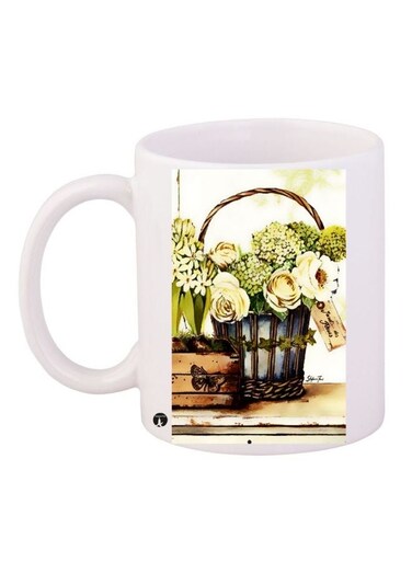 Flower Basket Printed Coffee Mug White/Green/Brown 11ounce
