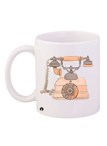 Telephone Printed Coffee Mug White/Beige/Grey 11ounce