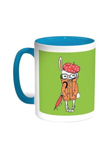 Cartoon Drawing - Rabbit Printed Coffee Mug Turquoise/White 11ounce
