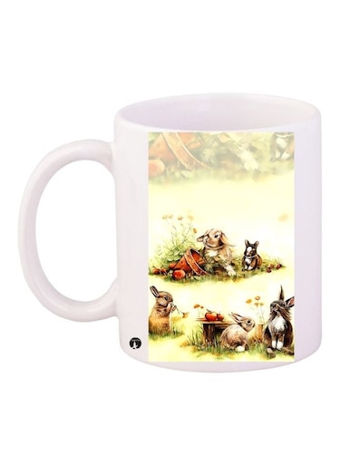Rabbit Printed Coffee Mug White/Green/Beige 11ounce