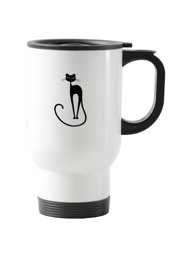 Stylish Cat Printed Travel Mug White 13centimeter