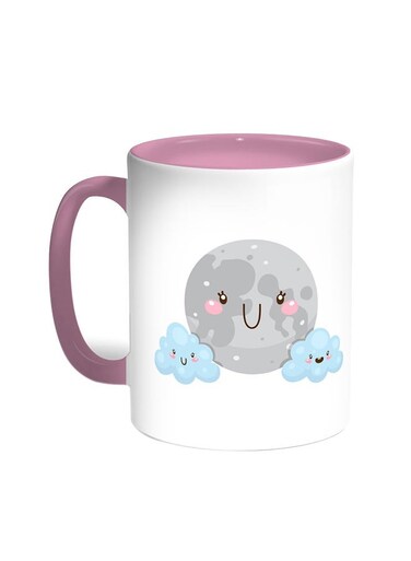 Cartoon - Moon And Clouds Printed Coffee Mug Pink/White 11ounce