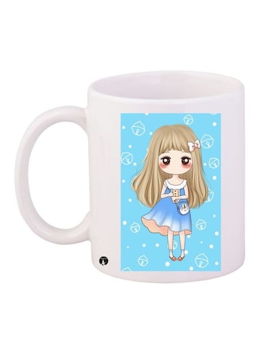 Cartoon Girl Printed Coffee Mug White/Blue/Beige 11ounce