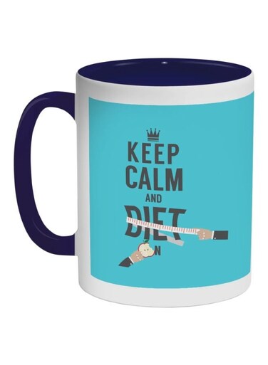 Keep Calm And Diet And Eat Printed Coffee Mug Blue/White/Black 325ml