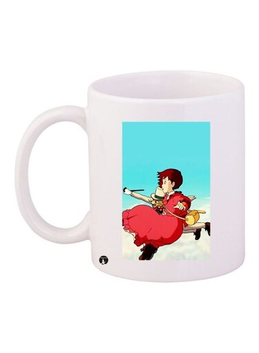 Flying Girl And Cat Printed Coffee Mug White/Blue/Red 11ounce