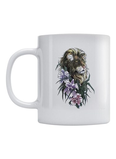 Lion And Flowers Printed Mug White/Brown/Green