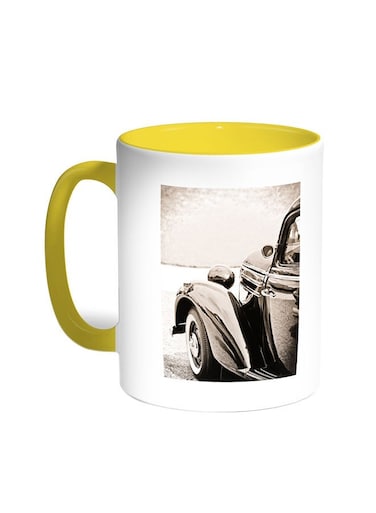 A Car Of Old Style Printed Coffee Mug Yellow/White 11ounce
