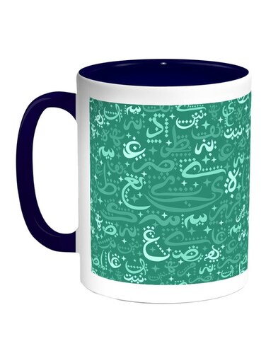 Arabic Letters Printed Coffee Mug Blue/White/Green 11ounce