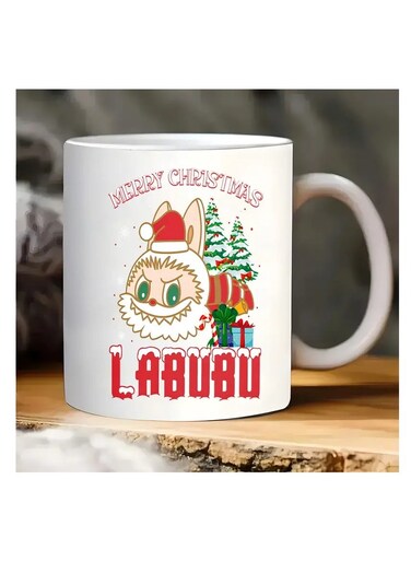 1pc Labubu Merry Christmas Ceramic Mug, 11oz Double-Sided Cartoon Design Coffee Cup, Novelty Drinkware for All Seasons WHITE