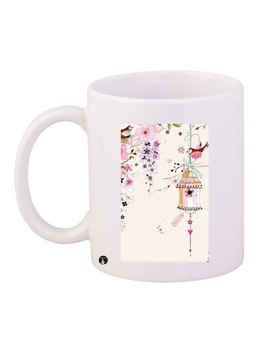 Bird With Flowers Printed Coffee Mug White/Pink/Purple 11ounce