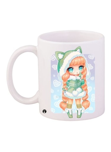 Anime Girl Printed Coffee Mug White/Blue/Green 11ounce