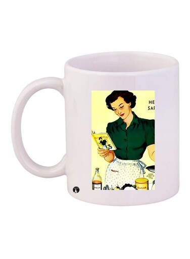 Woman Printed Coffee Mug White/Green/Yellow 11ounce