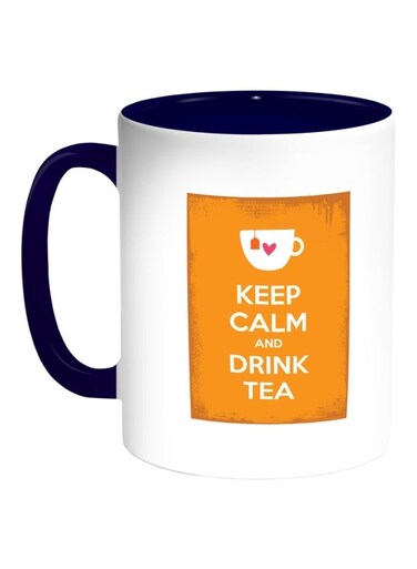 Keep Calm And Drink Tea Printed Coffee Mug Blue/White/Orange 325ml