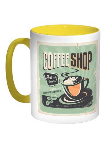 Old Coffee Shop Printed Coffee Mug Yellow/White/Green