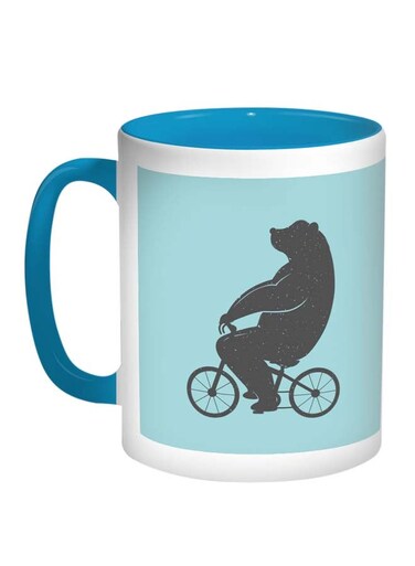 Bear Driving A Bicycle Printed Coffee Mug Blue/White/Grey 11ounce