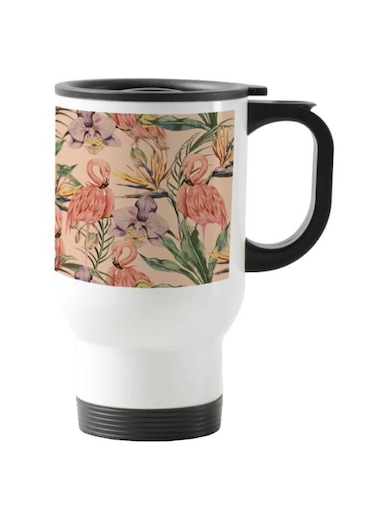 Flamingo Printed Travel Mug White/Pink 13centimeter