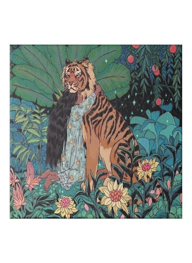 Girl Embraces A Tiger Themed Canvas Painting With Frame Blue/Brown/Green 50x50cm