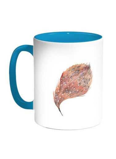 Bird Feather Printed Coffee Mug Blue/White/Brown 11ounce
