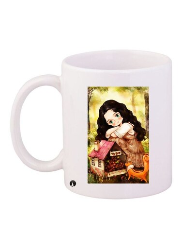 Cartoon Girl Printed Ceramic Coffee Mug White/Beige/Brown