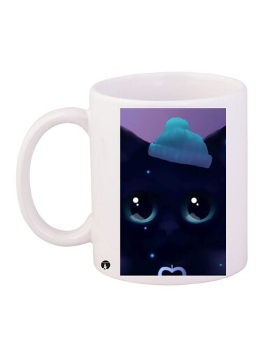 Cartoon Cat Printed Coffee Mug White/Blue/Violet 11ounce