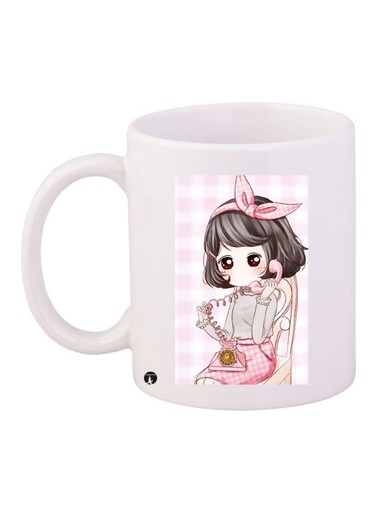 Anime Girl Printed Ceramic Coffee Mug White/Brown/Pink 11ounce
