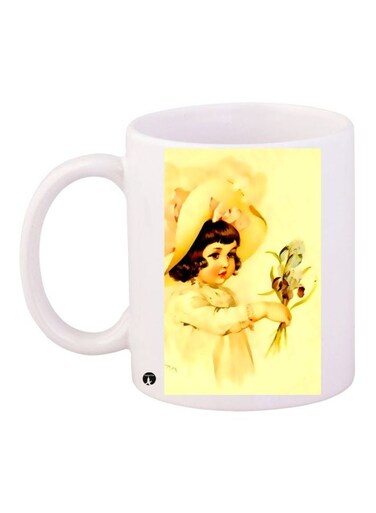 Vintage Girl Printed Coffee Mug White/Yellow/Brown 11ounce