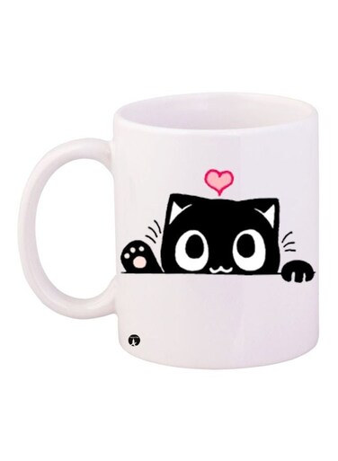 Cat Printed Coffee Mug White/Black/Pink 11ounce